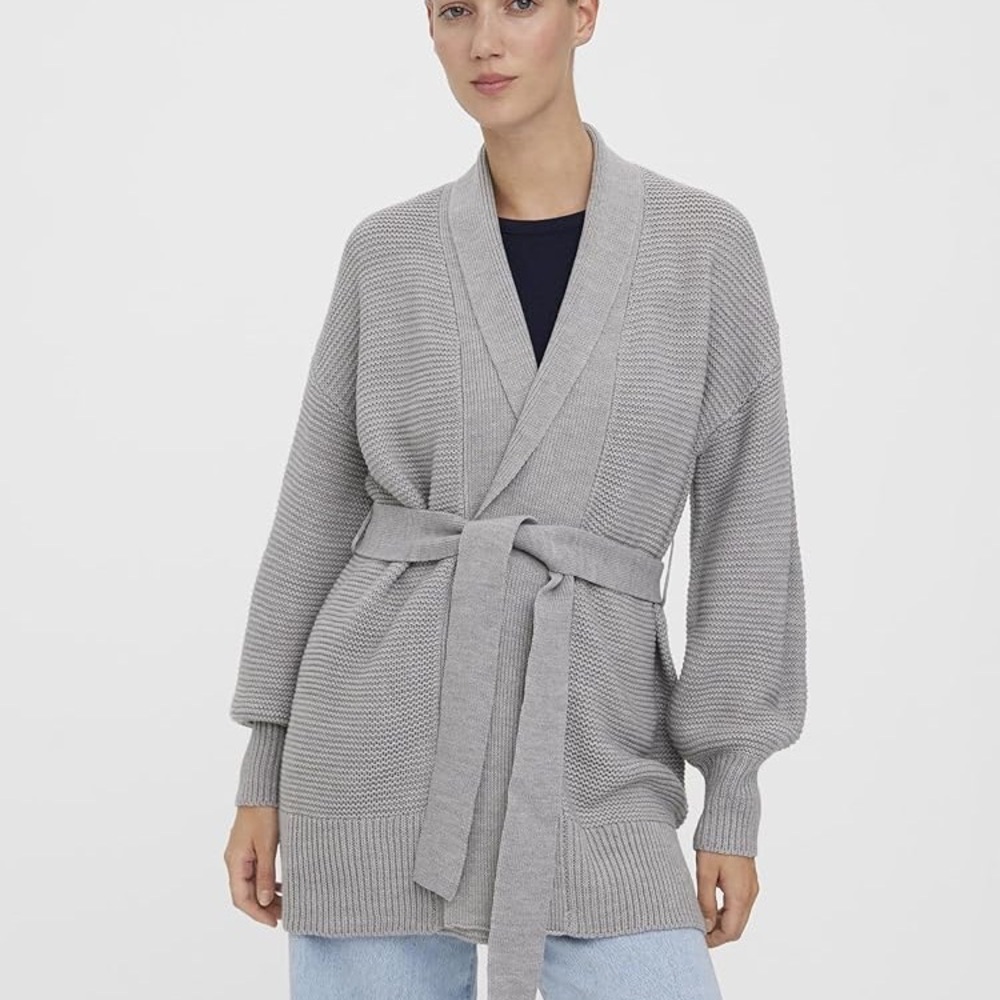 Vero‎ Moda Light Gray VMNONAME Long Knit Tie Waist Shawl Neck Cardigan Sweater